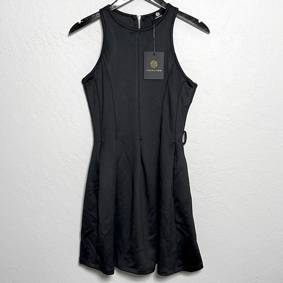 Shannon Snow Designer Black Mini Scuba Fit Flare Dress Pockets Zippered Size XS - Picture 2 of 8